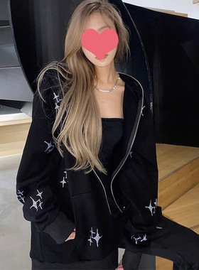 Men's and women's loose top stars hot drill zipper h