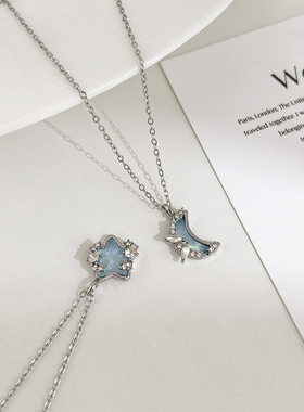 小众蓝色月亮吊坠项链女