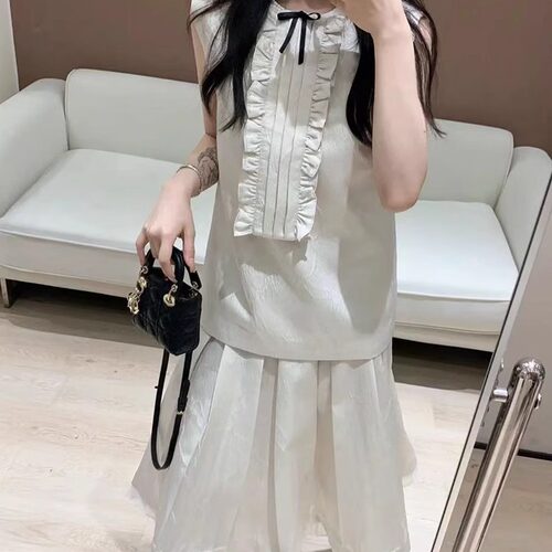 TE shushu网红同款新中式蝴蝶结衬衫上衣女千金风提花半身裙套装 - 图3