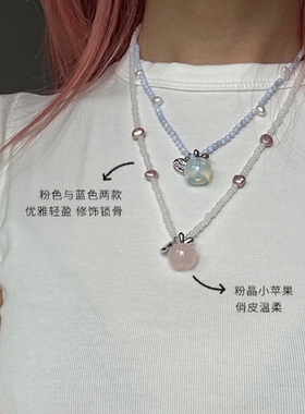 MARSEVEN 闪光派对系列粉白串珠小苹果项链S925银原创精致锁骨链