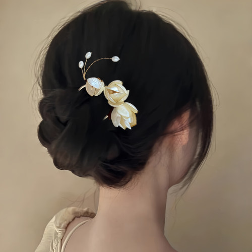 玉兰花苞发簪新中式金属U型簪子温柔气质古风发钗汉服旗袍盘发饰 - 图2