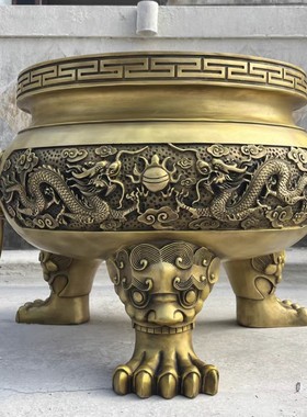 适用家用黄铜香炉室内供香铜炉寺庙大号三足双龙戏珠铜鼎佛a1980