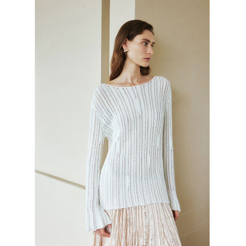 LYNEE【旧时光】慵懒竖条纹镂空针织上衣一字领长袖套头针织衫,淘宝优惠券,粉丝福利购,淘宝优惠卷