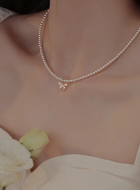 s925纯银施家小米珠颈链蝴蝶项链吊坠细珍珠锁骨链轻奢小众项链