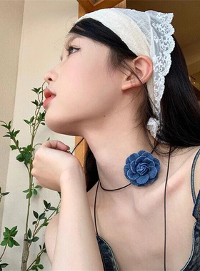 蓝色牛仔山茶花颈链choker