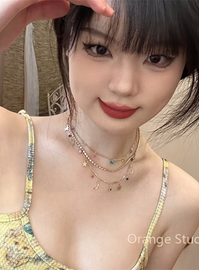 中古感金色星星月亮多层叠戴项链