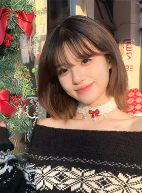 红蝴蝶结珍珠毛绒项圈