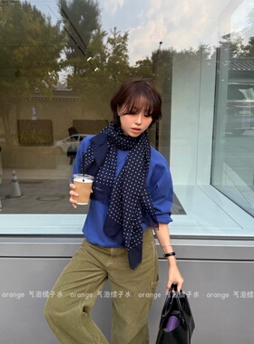 复古ins风藏蓝色波点围巾