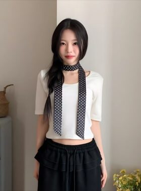 波点法式系脖女咖色丝巾围