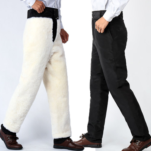 冬季中老年皮毛一体纯羊毛裤子男士加厚保暖羊皮裤高腰棉裤防寒裤 - 图2