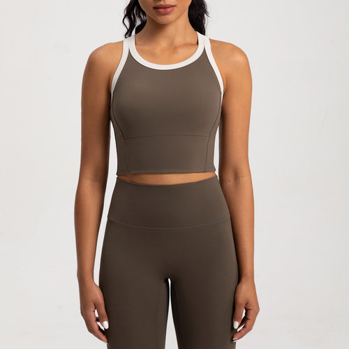 Victoria拼色瑜伽服文胸一体式胸垫裸感美背背心显瘦健身跑步bar - 图0