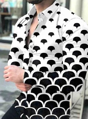 2022欧美秋男士长袖大码上衣渐变黑色几何图印花衬衣Men's Shirts