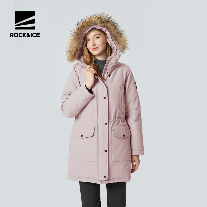 ROCKICE户外工装羽绒服女新款加厚保暖防寒服中长款收腰派克服