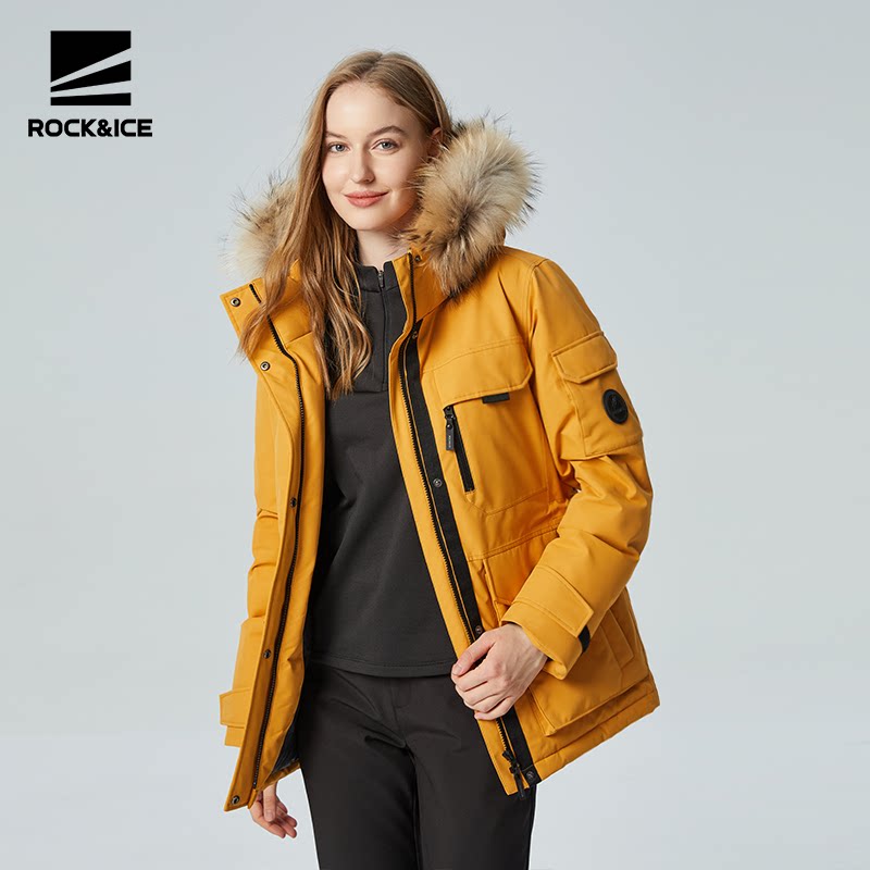 ROCKICE鹅绒羽绒服女冬季中长款保暖毛领派克服户外防风工装外套