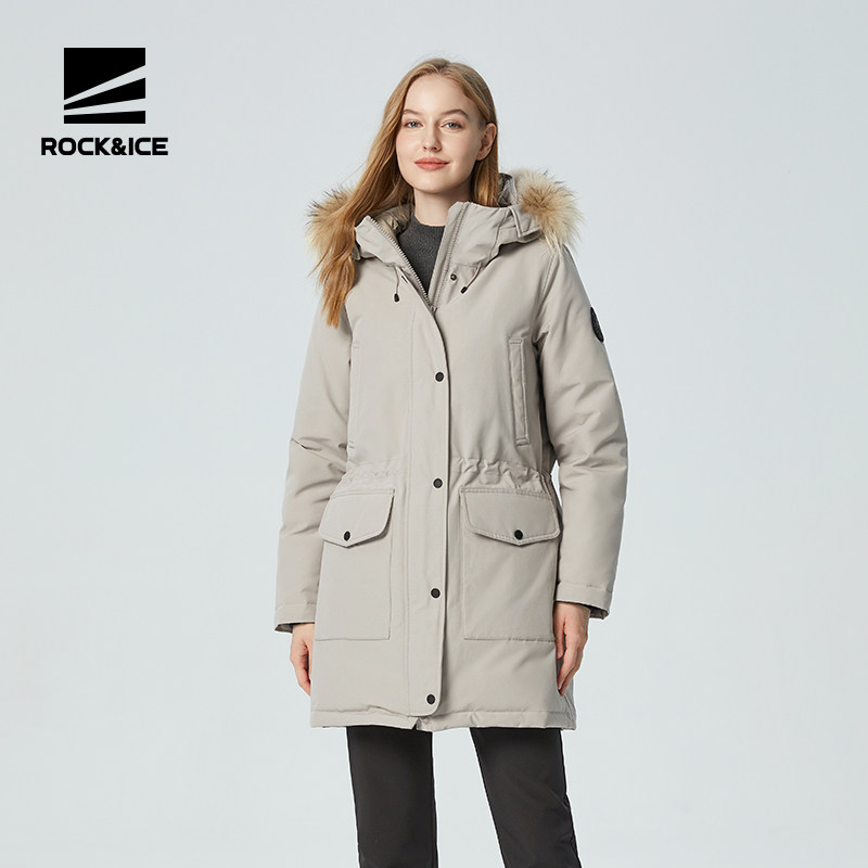 ROCKICE户外工装羽绒服女新款加厚保暖防寒服中长款收腰派克服