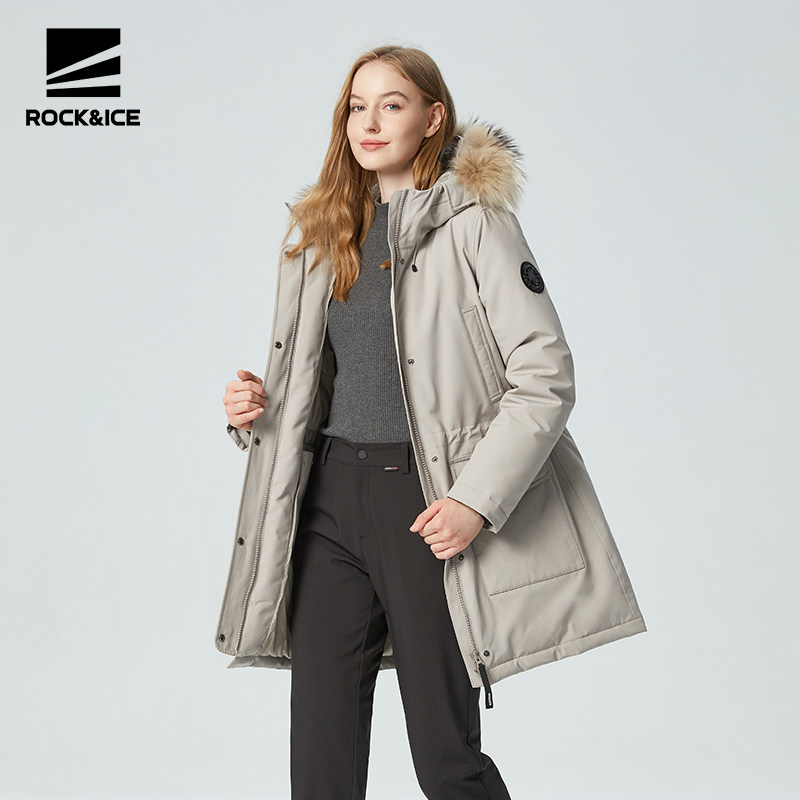 ROCKICE户外工装羽绒服女新款加厚保暖防寒服中长款收腰派克服