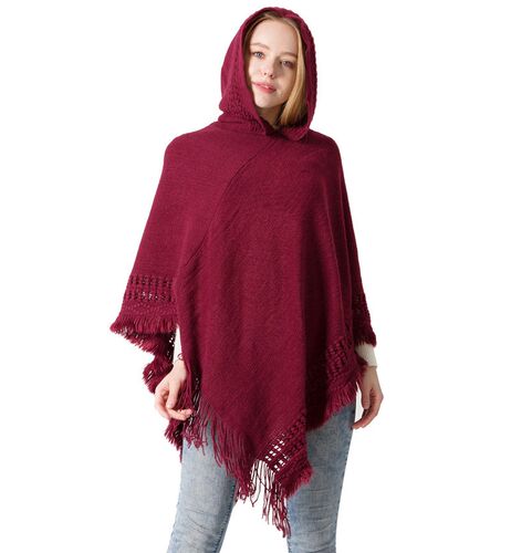 Knitted hooded cape shawl monochrome pullover cape knitwear - 图3