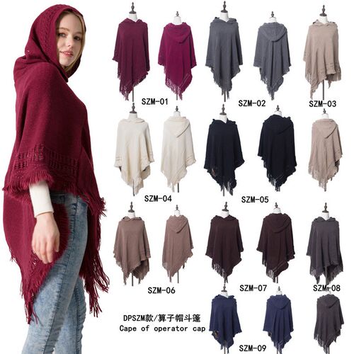 Knitted hooded cape shawl monochrome pullover cape knitwear - 图0