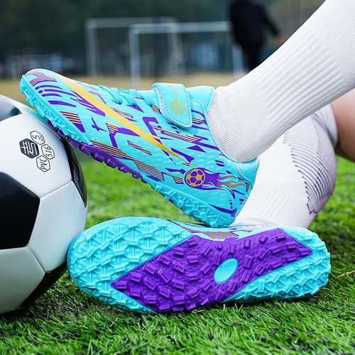 儿童足球鞋碎钉男女小学生美梅西训练鞋短钉坪地长钉防滑纽扣蓝色 - 图2