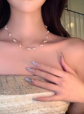 3FANTASTS珠光流苏项链法式蕾丝碎珠精致百搭小众清冷感锁骨链