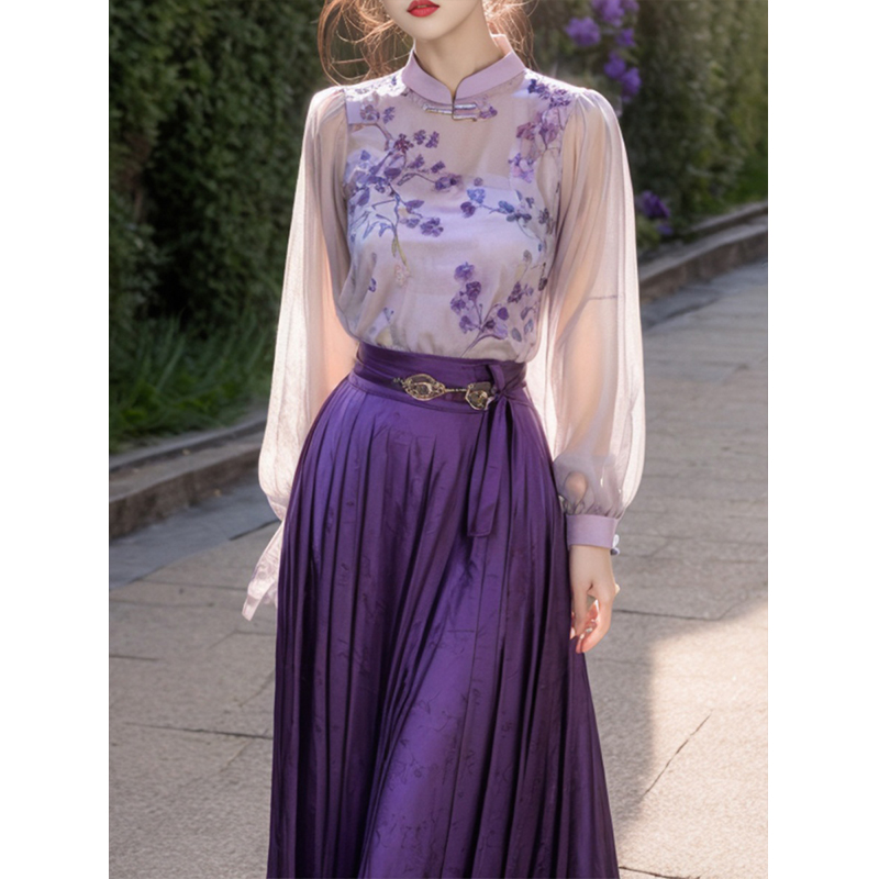 大码紫色马面裙套装2024早春新款女装中式国风盘扣上衣两件套春天 - 图1