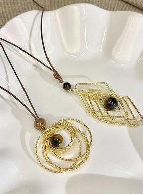 美拉德金色虎眼石长款项链女款轻奢高级毛衣复古装饰配饰吊坠