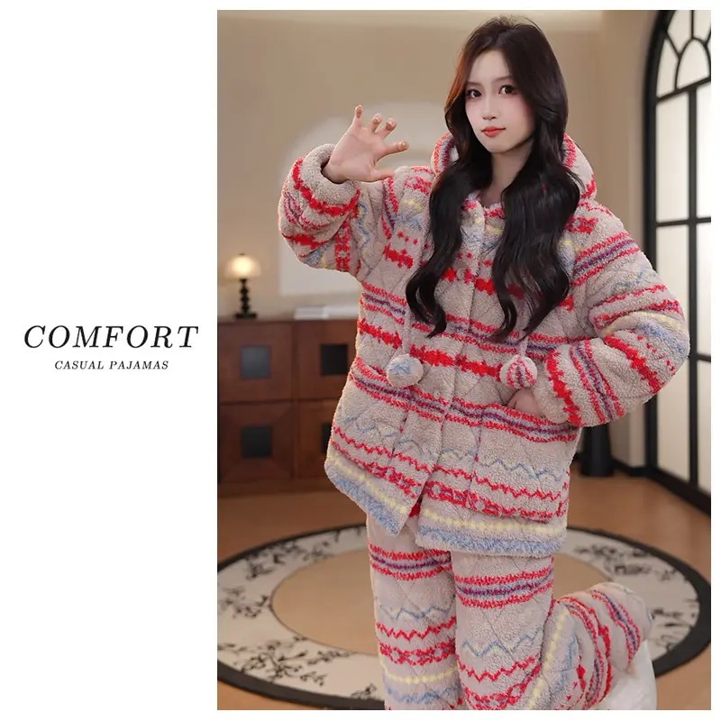 费尔岛风冬季三层夹棉加绒加厚长毛绒睡衣女保暖套装家居服柔软,淘宝优惠券,粉丝福利购,淘宝优惠卷