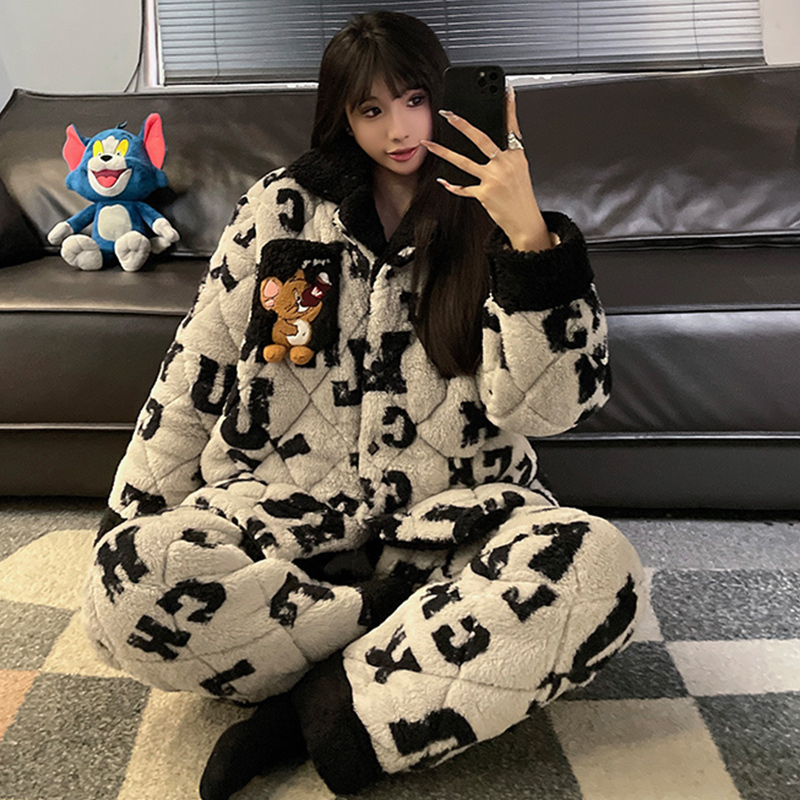 新款睡衣女冬季珊瑚绒法兰绒夹棉袄三层加厚超厚加绒可外穿家居服 - 图0