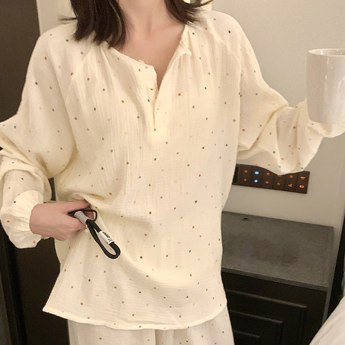 纯棉纱布睡衣女春秋季双层棉纱长袖长裤两件套2025新款薄款家居服 - 图2