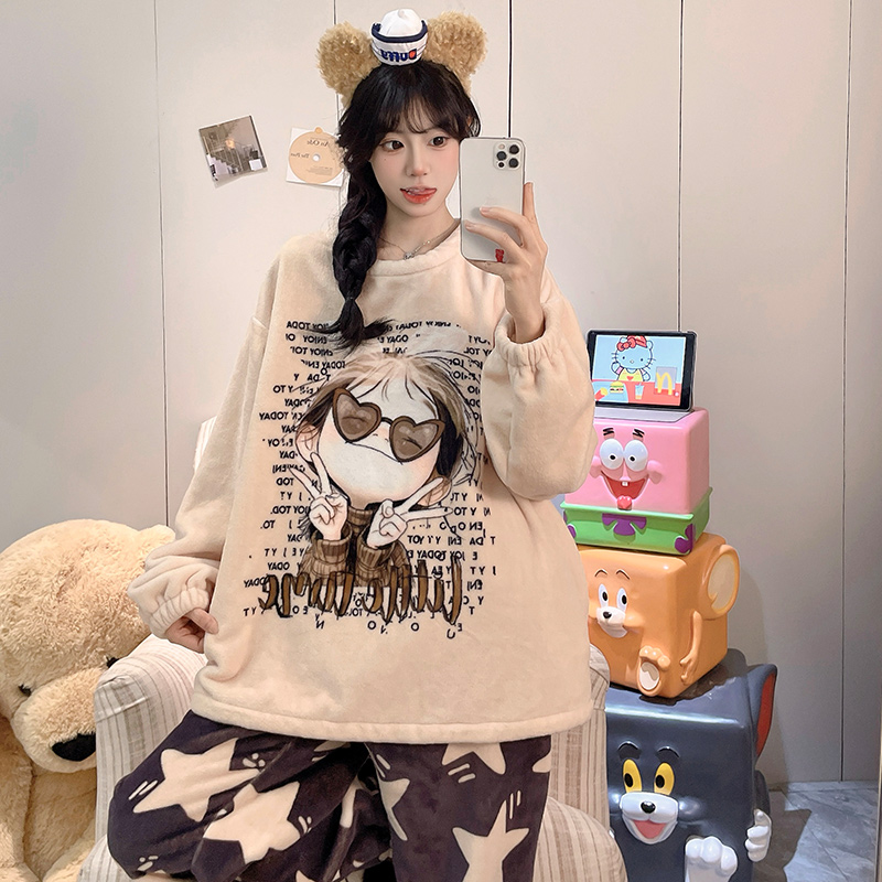 睡衣冬季女款加绒加厚珊瑚绒少女生保暖法兰绒家居服套装外穿可爱 - 图1