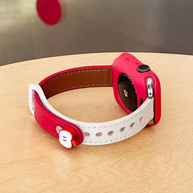 适用iwatchS11苹果手表SE3可爱大红苹果表带ApplewatchS10真皮质腕带ultra3夏天个性透气可调节s8夏季双钉扣 - 图0