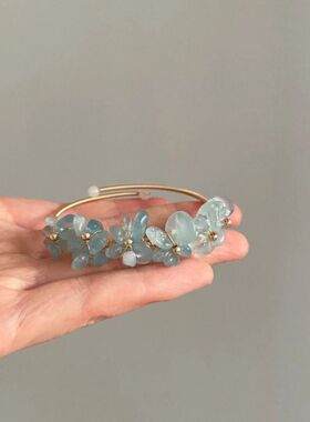 Vintage古着 Sea blue broken gem手镯蓝色串珠花朵手链