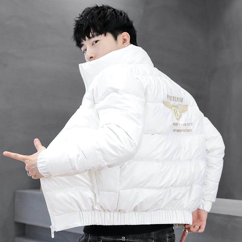 户外冬季男士羽绒服短款立领韩版刺绣加厚保暖外套亮皮免洗面黑色 - 图3