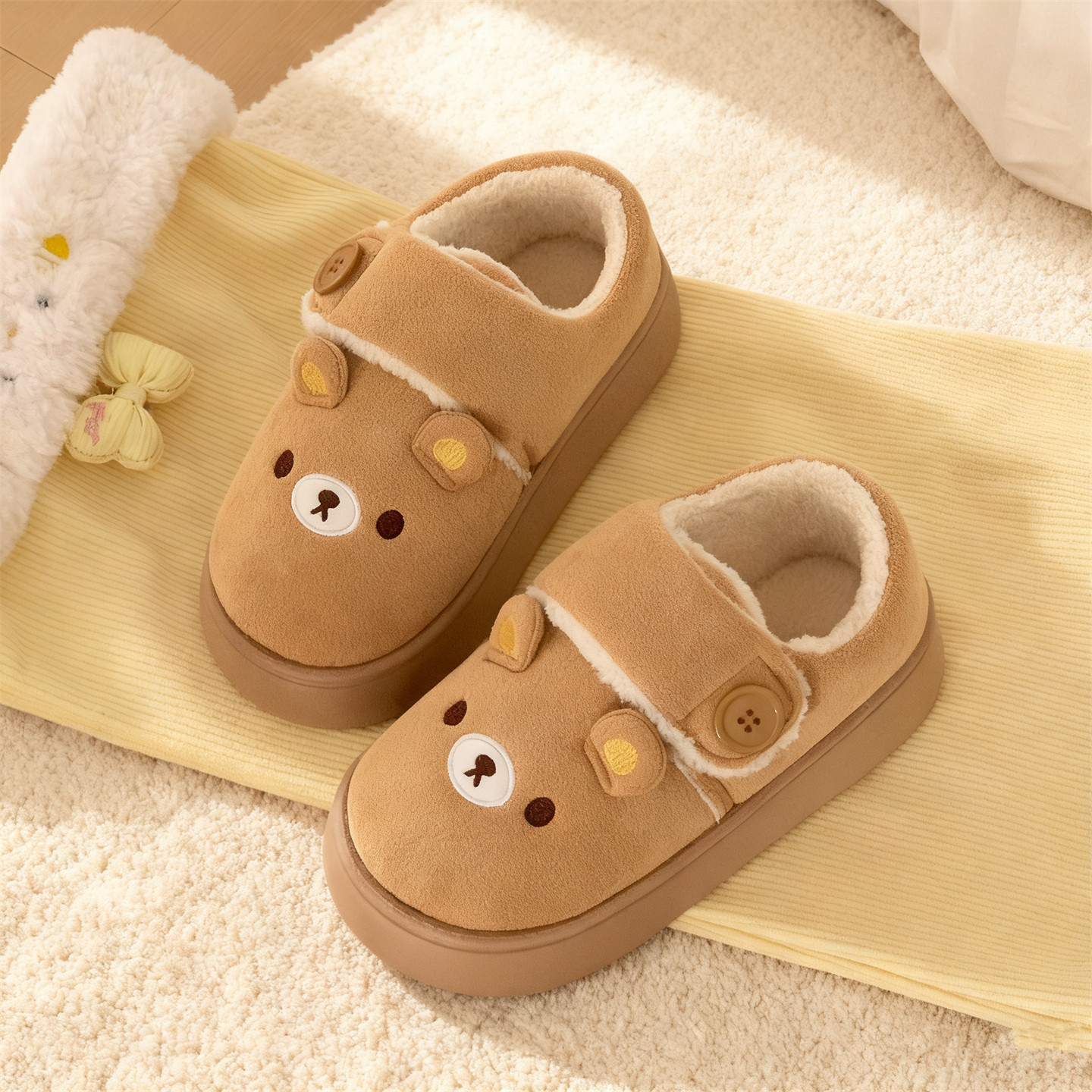 细细条软萌小熊魔术贴棉鞋女2025冬新款百搭可爱加绒面包鞋平底,淘宝优惠券,粉丝福利购,淘宝优惠卷