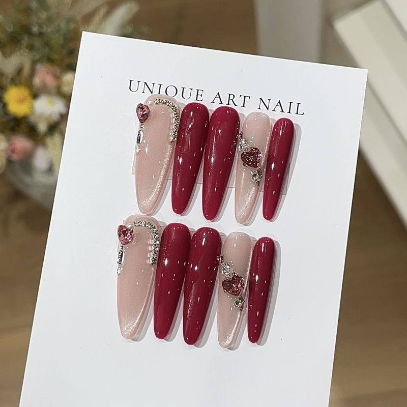 莓果冰沙桃汐里渐变玫瑰粉爆闪猫眼设计感贴钻穿戴甲椭圆纯手工,淘宝优惠券,粉丝福利购,淘宝优惠卷