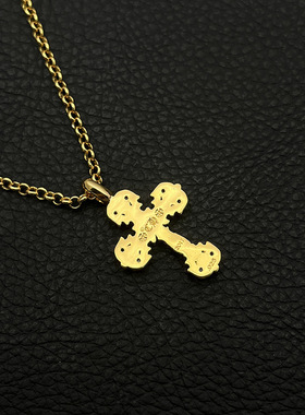 ODEKvintage小号火焰十字架项链男女复古镶钻吊坠毛衣链重工轻奢