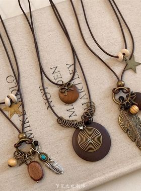 民族风新中式古铜圆盘叠戴项链女波西米亚风长款毛衣链挂脖配饰