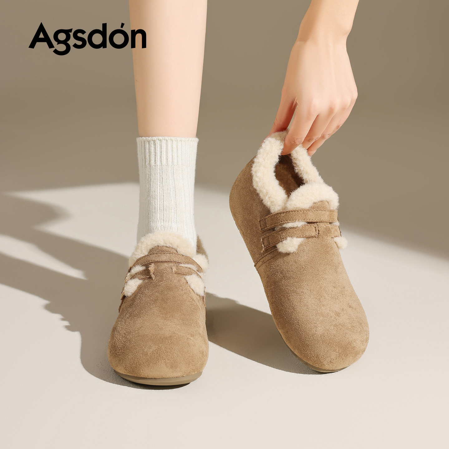 奥古狮登加绒勃肯鞋女2025新款冬季保暖雪地靴一脚蹬厚底防滑棉鞋 - 图1