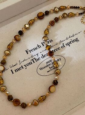 复古咖色系串珠项链女款叠戴毛衣链2025新款轻奢小众颈链气质配饰