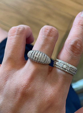 老钱风银色微镶锆石牛角包弧形开口戒指女小众时尚轻奢高级感手饰