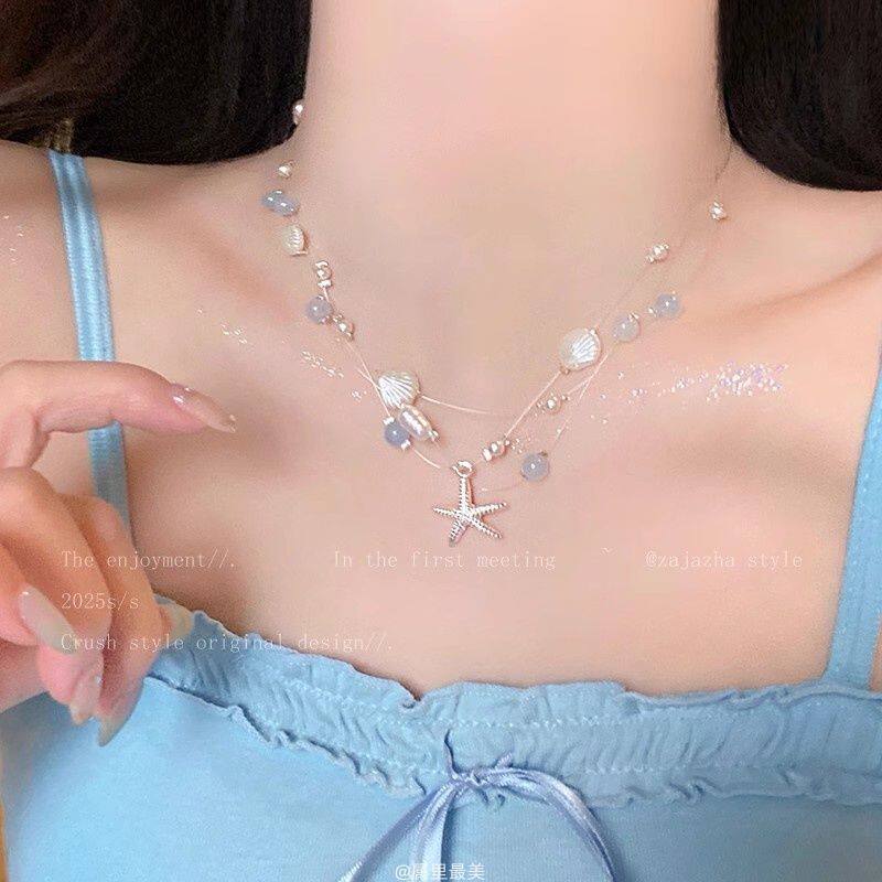 Starfish shell pearl necklace for women on the beach vacation style stacked collarbone chain unique 2025 new atmosphere accessories