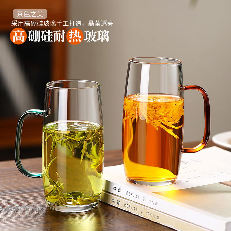 玻璃杯绿茶杯男士喝茶专用泡茶杯带把手办公室喝水杯子高硼硅手工 - 图0