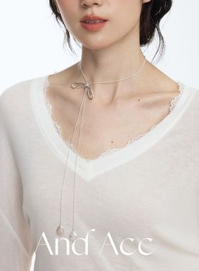 And Acc独家芭蕾风浅银色蝴蝶结水滴串珠淡水珍珠抽拉项链毛衣链