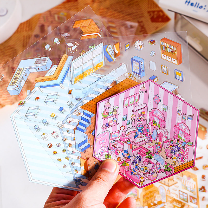 卡皮巴拉微缩场景造景贴纸解压免剪裁（送镊子）DIY小屋贴纸益智玩具手帐素材小红书同款打发时间神器3D立体,淘宝优惠券,粉丝福利购,淘宝优惠卷