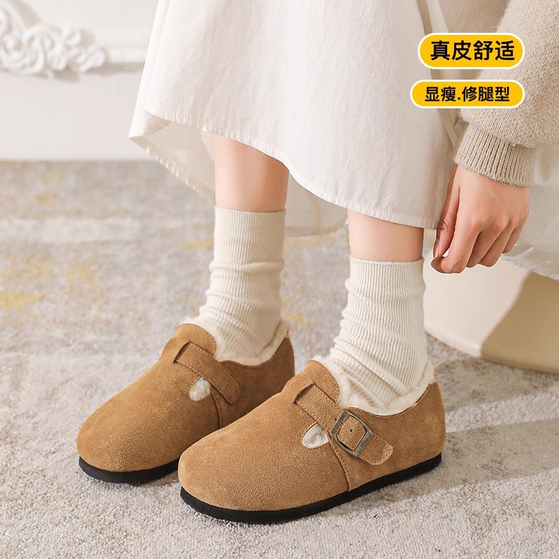 奥古狮登加绒勃肯鞋女2025新款冬季厚底毛毛绒棉鞋低帮雪地靴平底 - 图0