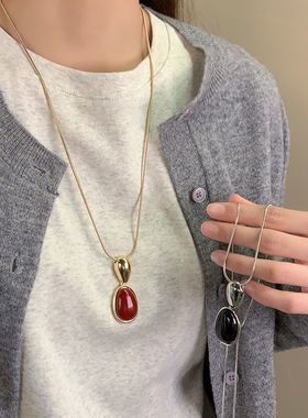 无限搭配红色不规则吊坠项链秋冬韩系小众设计毛衣链长配饰