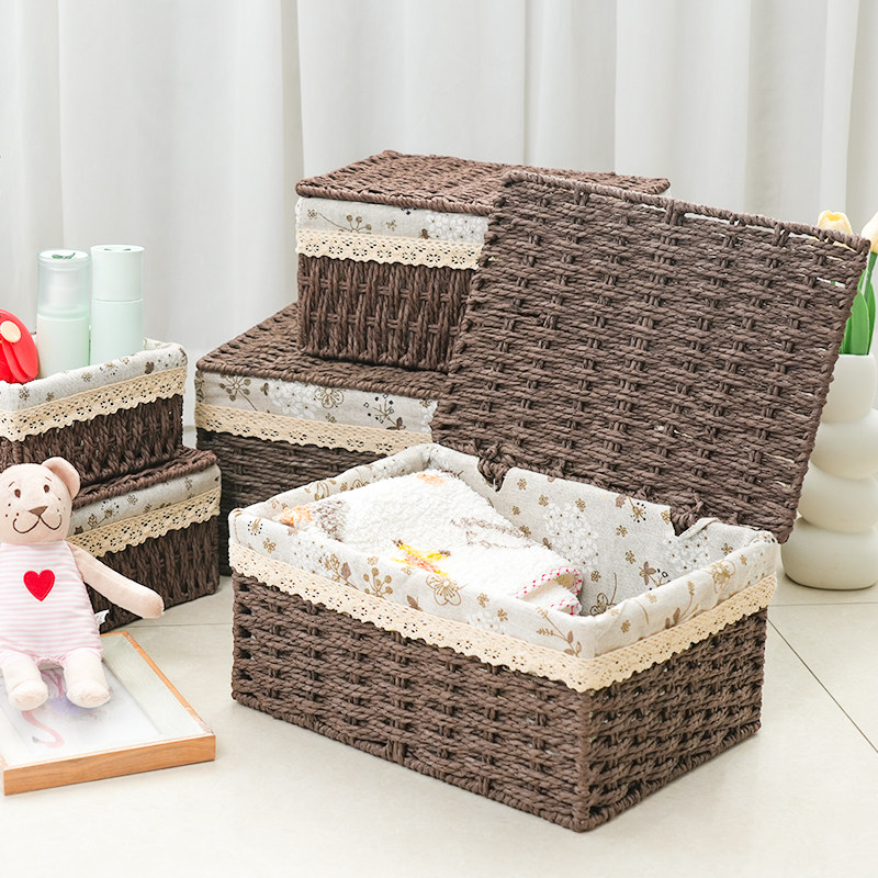 桌面收纳盒零食收纳筐化妆品收纳篮杂物收纳箱藤编编织带盖手工,淘宝优惠券,粉丝福利购,淘宝优惠卷