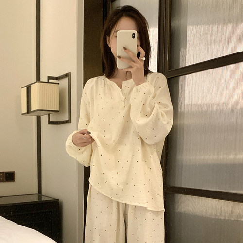 纯棉纱布睡衣女春秋季双层棉纱长袖长裤两件套2025新款薄款家居服 - 图0