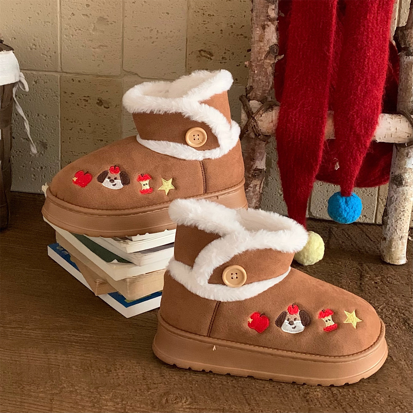 细细条 厚底ins可爱刺绣苹果小狗雪地靴保暖防滑冬天外穿东北棉鞋,淘宝优惠券,粉丝福利购,淘宝优惠卷