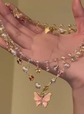 「」珍珠爱心红色双层叠戴项链女轻奢高级感夏锁骨链蝴蝶锆石水滴